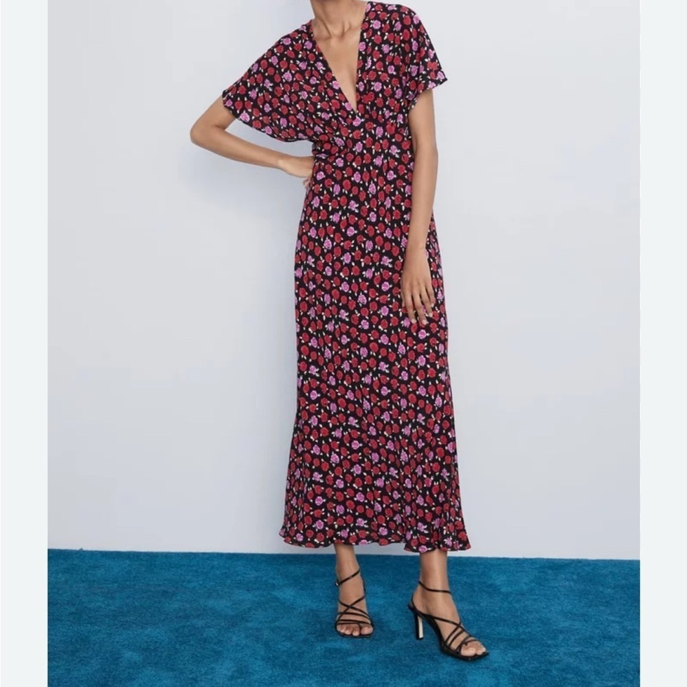 Zara red purple bloggers fav Floral Maxi Dress sz small - Picture 3 of 9